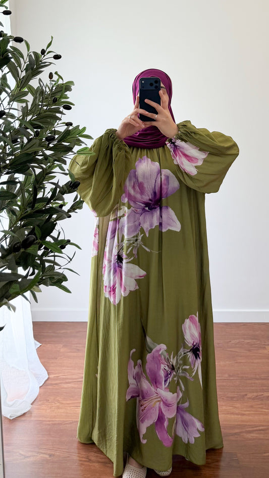 ABAYA FLEURIE VERT OLIVE