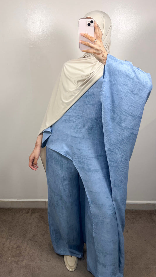 ENSEMBLE ROBE COUPÉE + PANTALON BLEU CIEL