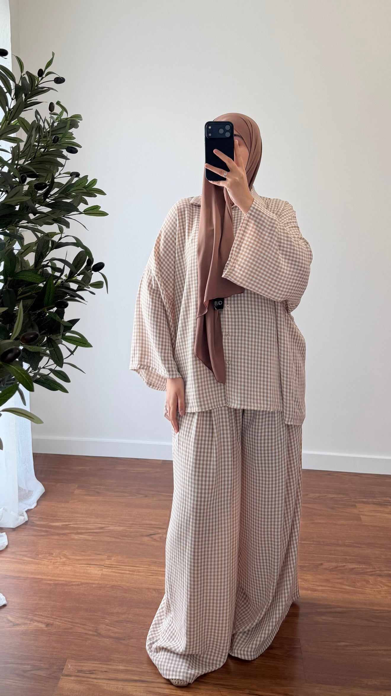 ENSEMBLE VICHY CHEMISE + PANTALON MARRON