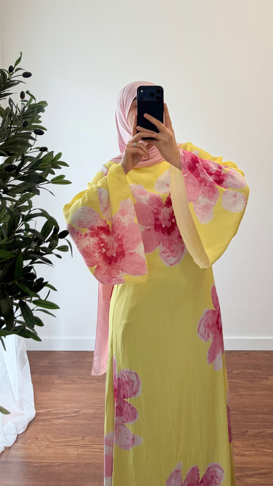 ROBE MOTIF FLEUR ROSE/JAUNE