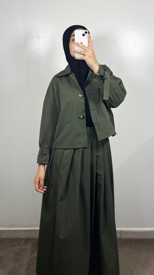 ENSEMBLE TRENCH VESTE + JUPE VERT KAKI