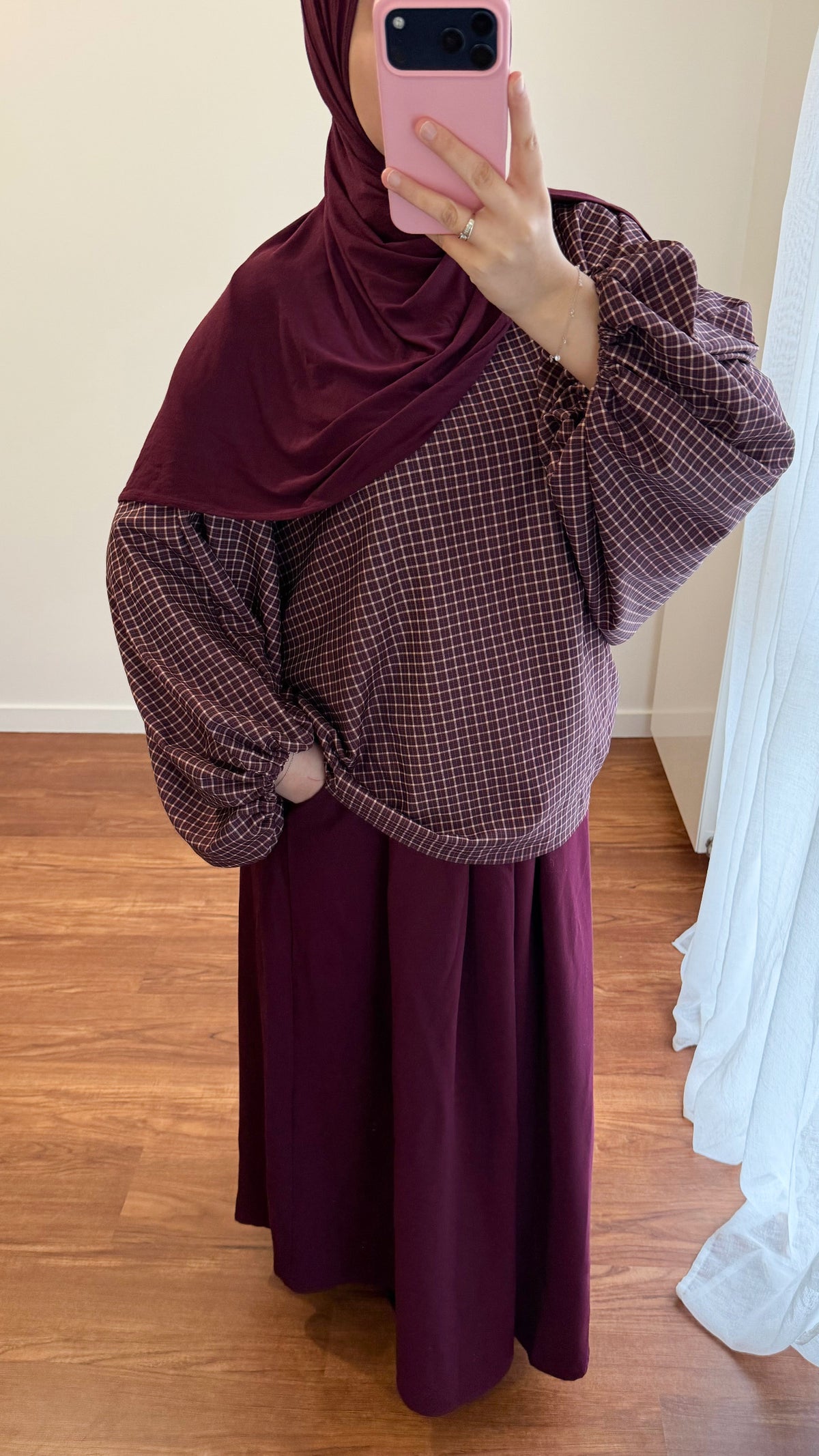 BLOUSE MANCHES BOUFFANTES MOTIF CARREAUX BORDEAU