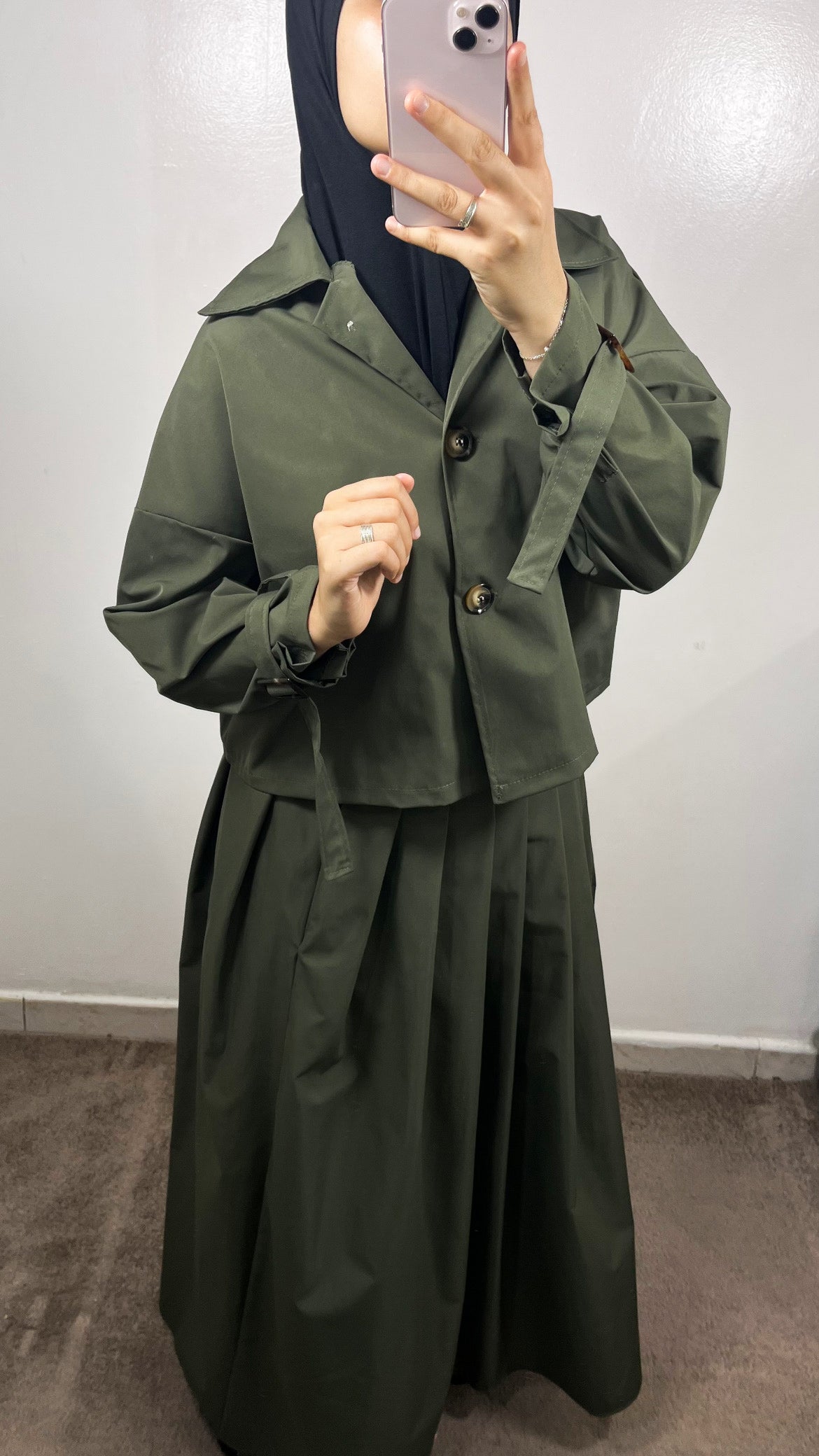 ENSEMBLE TRENCH VESTE + JUPE VERT KAKI