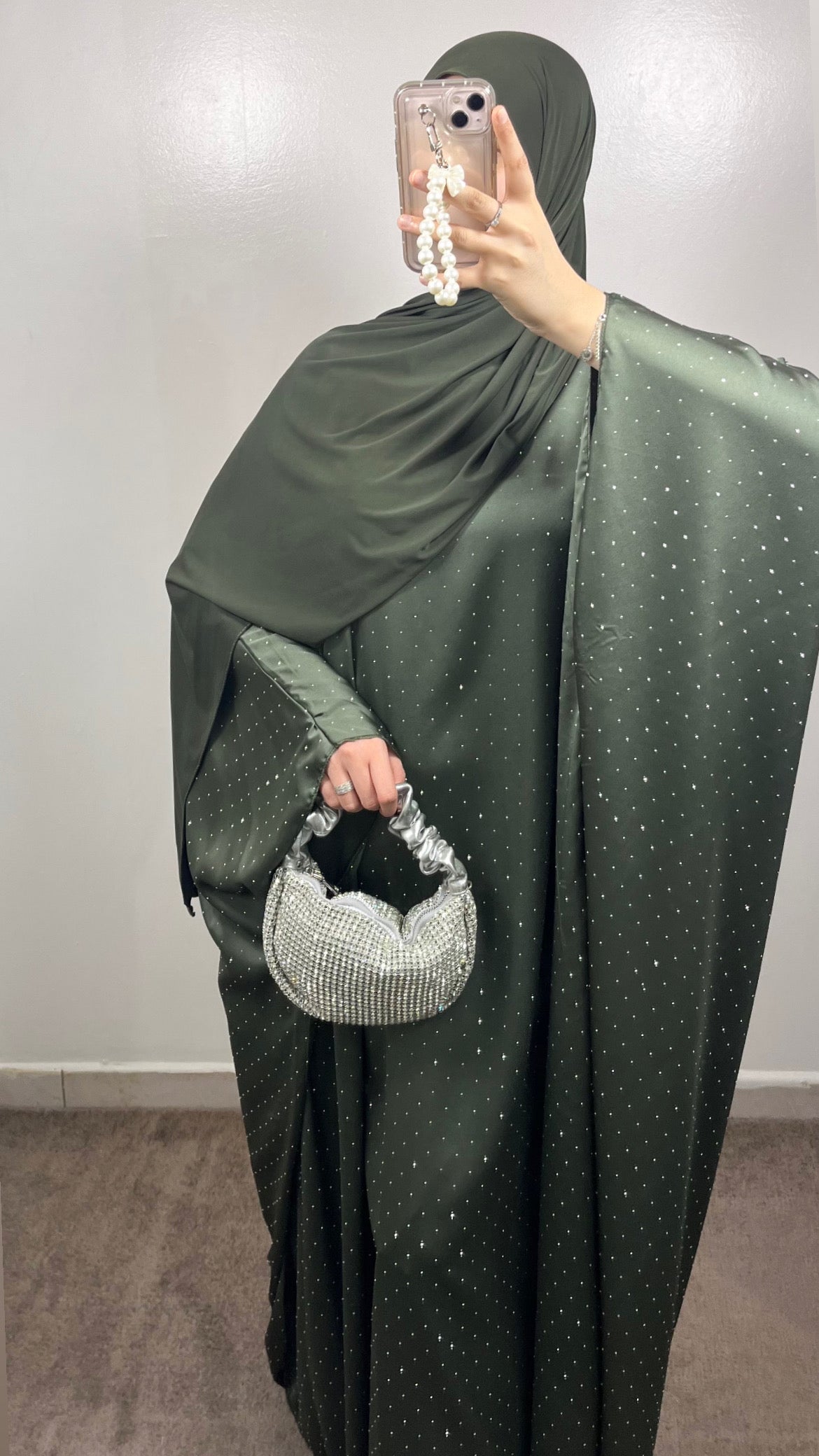 CLASSIC KHAKI GREEN RHINESTONE ABAYA