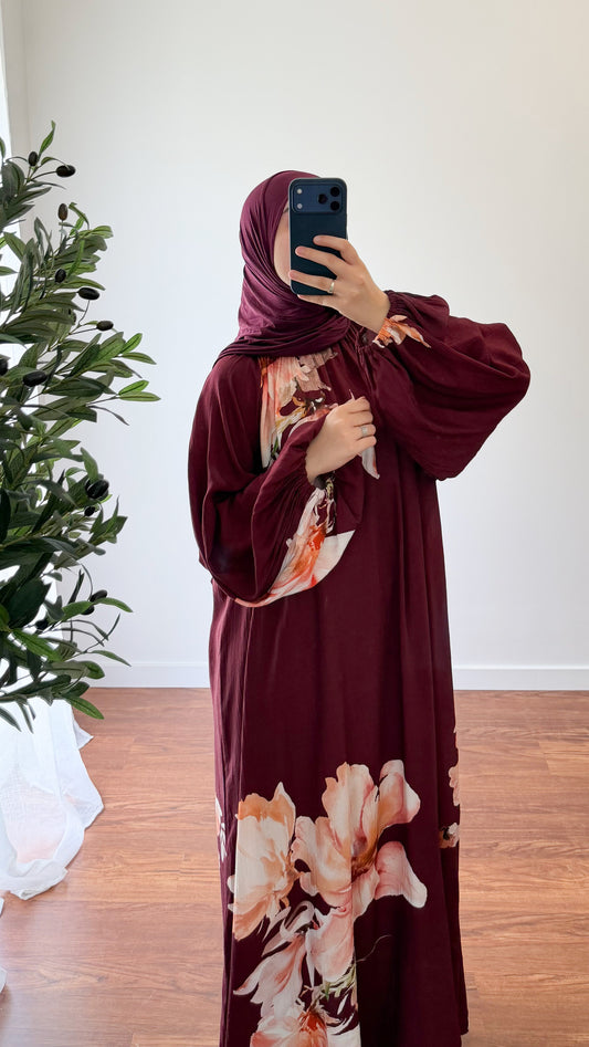 ABAYA FLEURIE BORDEAU