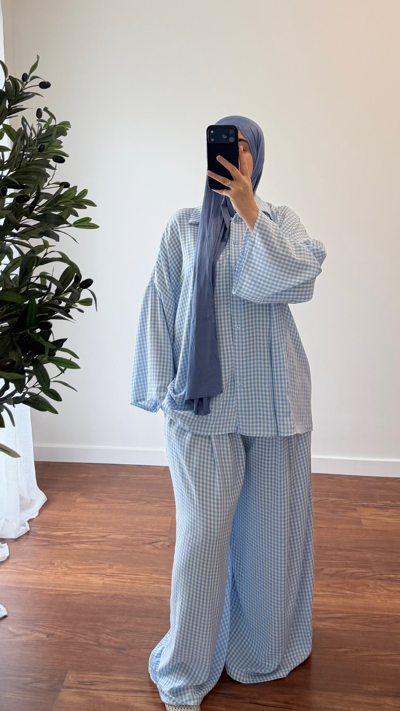 ENSEMBLE VICHY CHEMISE + PANTALON BLEU CIEL