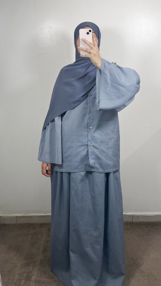 ENSEMBLE CLASSY CHEMISE + JUPE GRIS BLEUTÉ