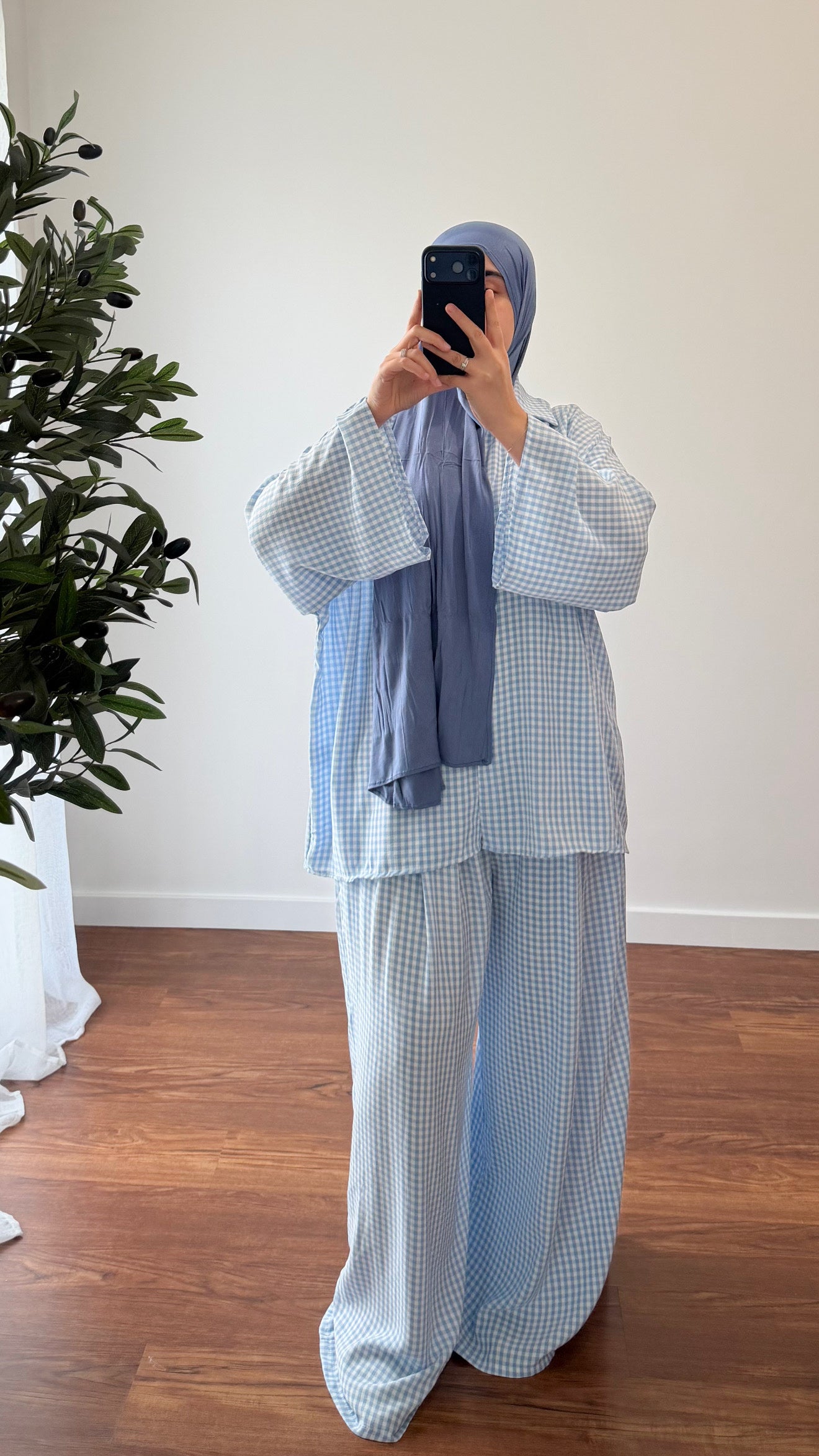 ENSEMBLE VICHY CHEMISE + PANTALON BLEU CIEL