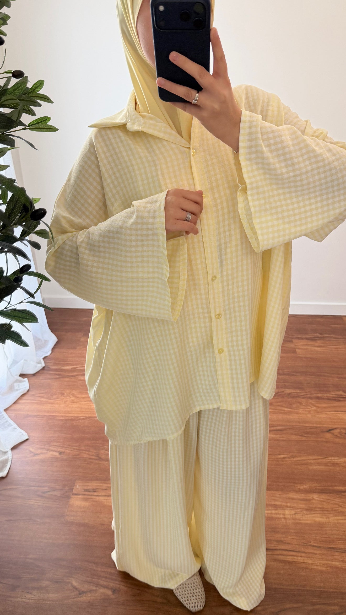 ENSEMBLE VICHY CHEMISE + PANTALON JAUNE