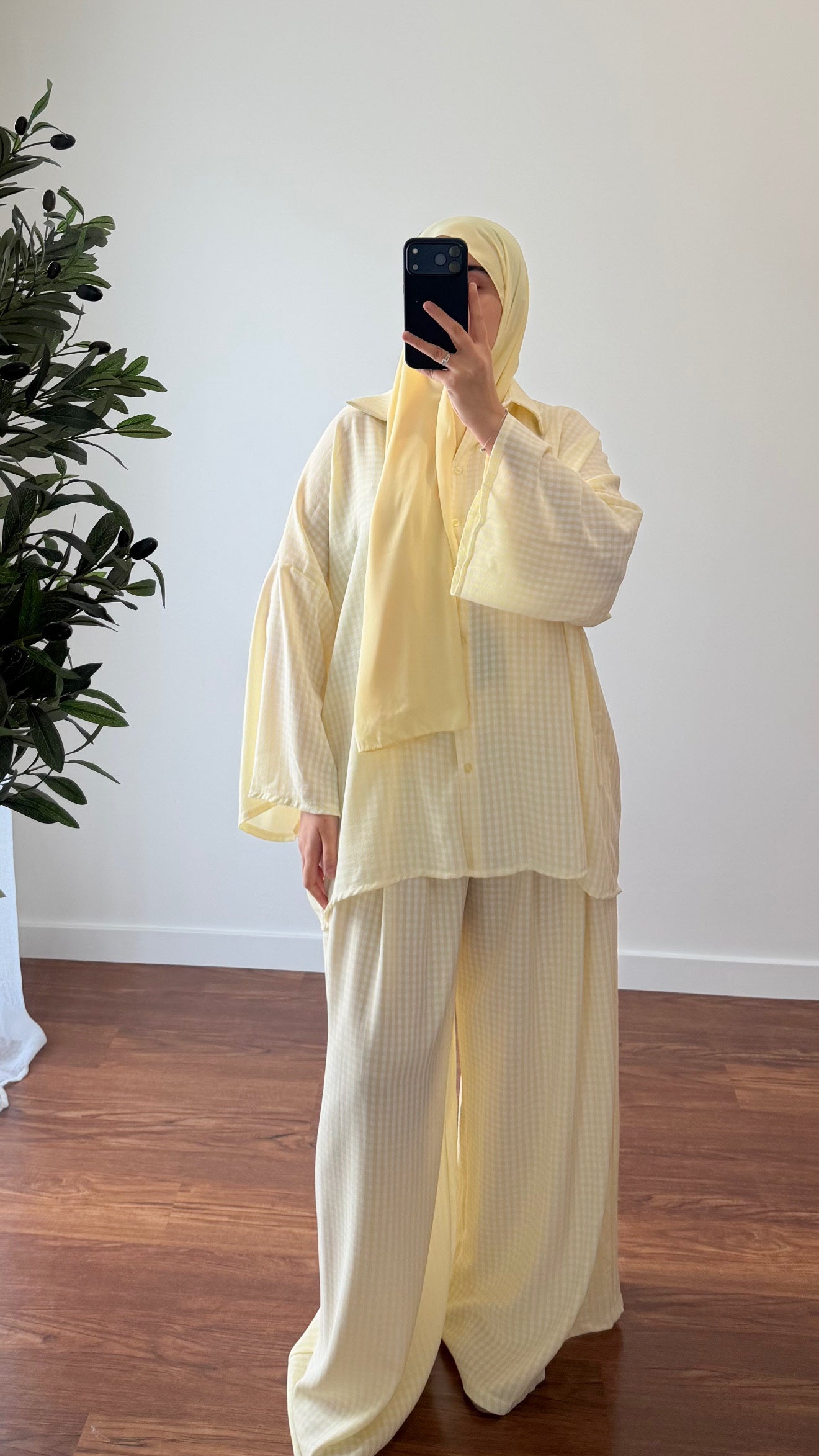 ENSEMBLE VICHY CHEMISE + PANTALON JAUNE