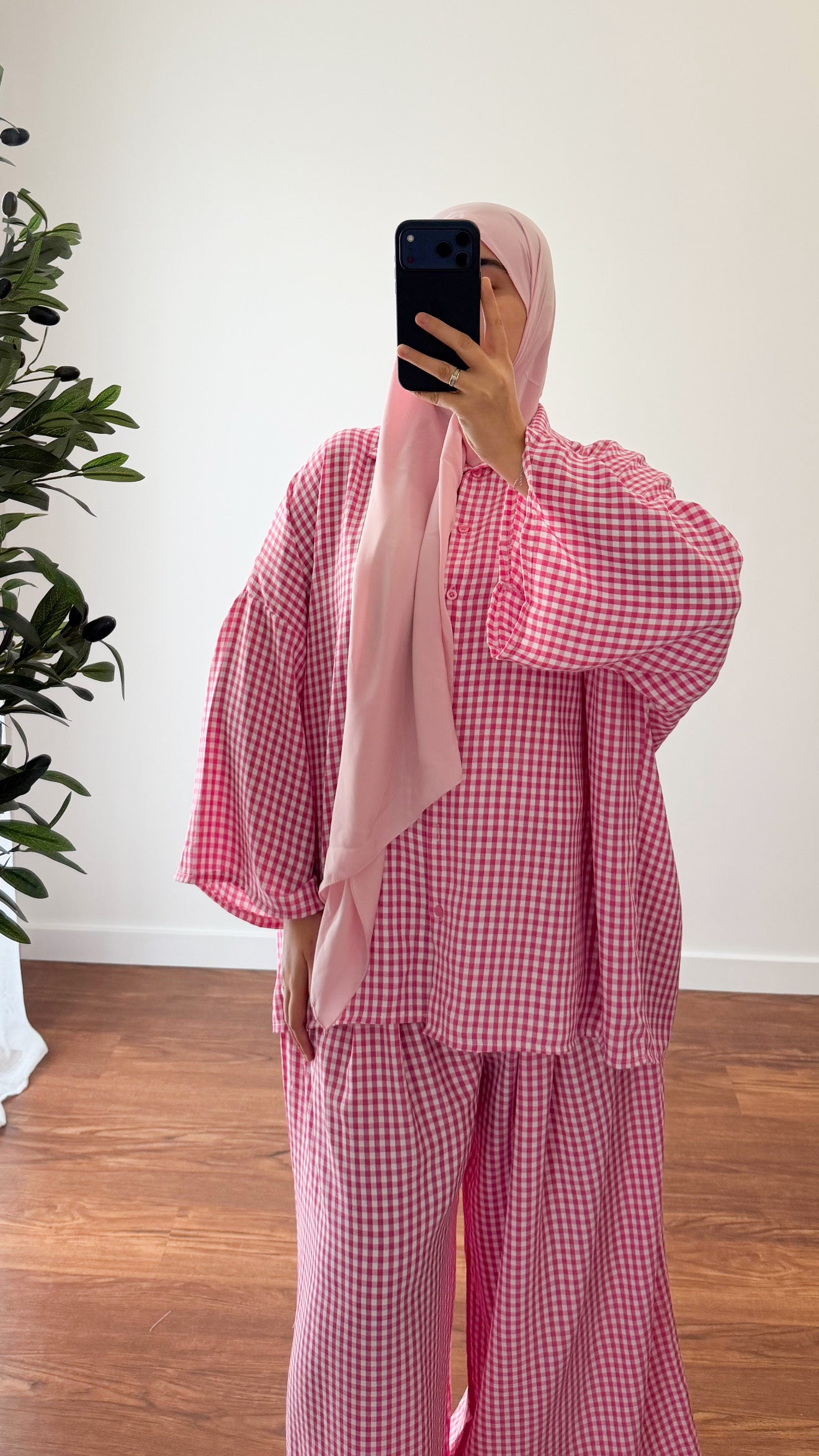 ENSEMBLE VICHY CHEMISE + PANTALON ROSE FUSHIA