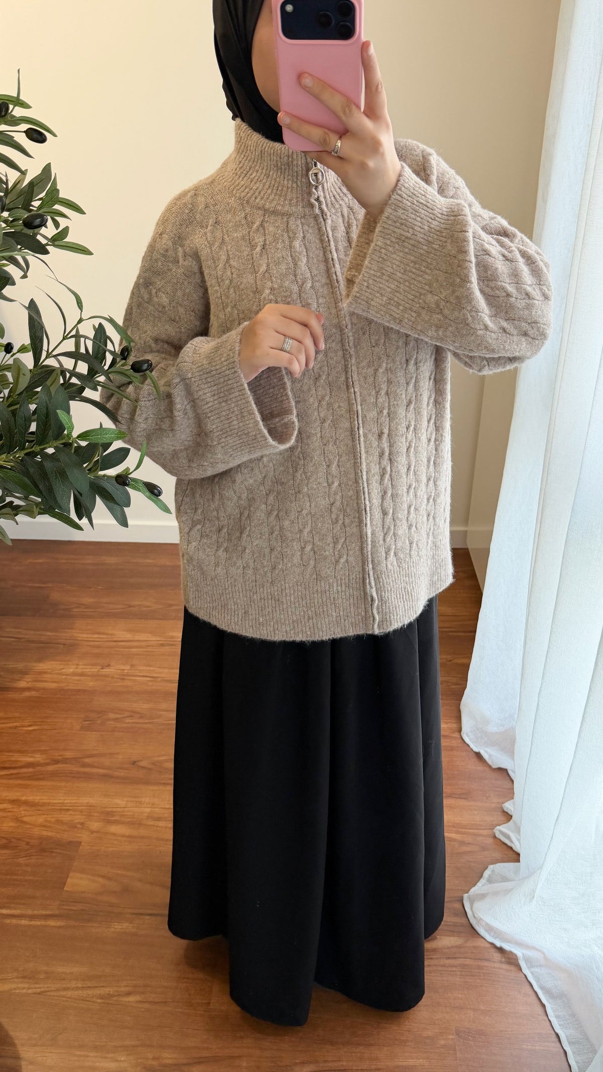 GILET ZIPPÉ MOTIF TORSADÉ TAUPE