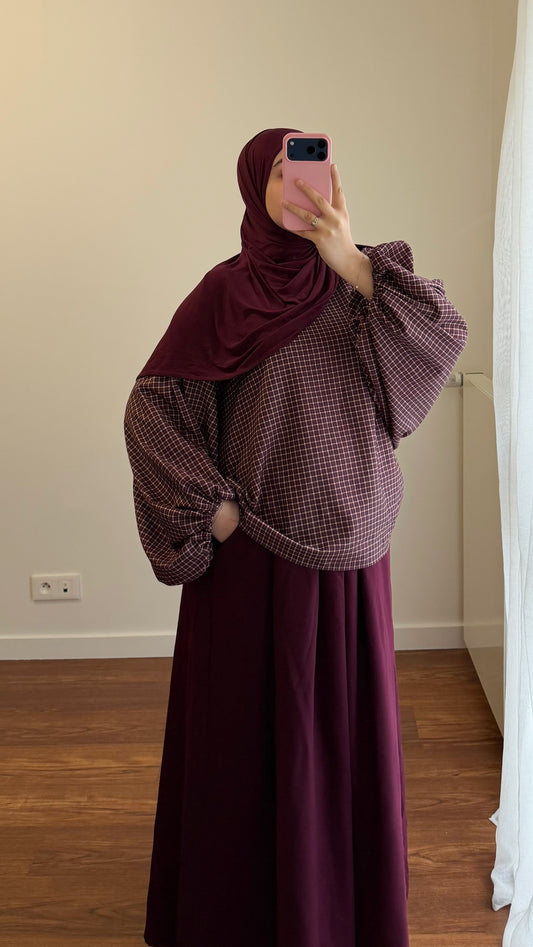 BLOUSE MANCHES BOUFFANTES MOTIF CARREAUX BORDEAU