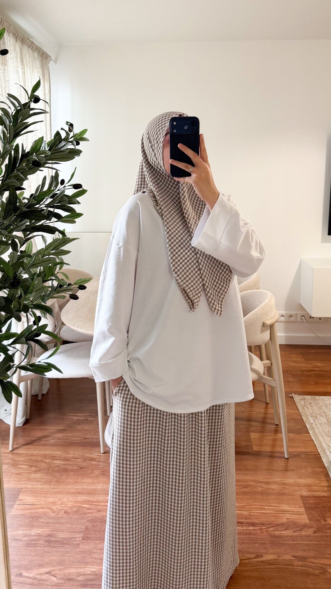 ENSEMBLE CARRÉ DE COTON + JUPE MOTIF CARREAUX TAUPE