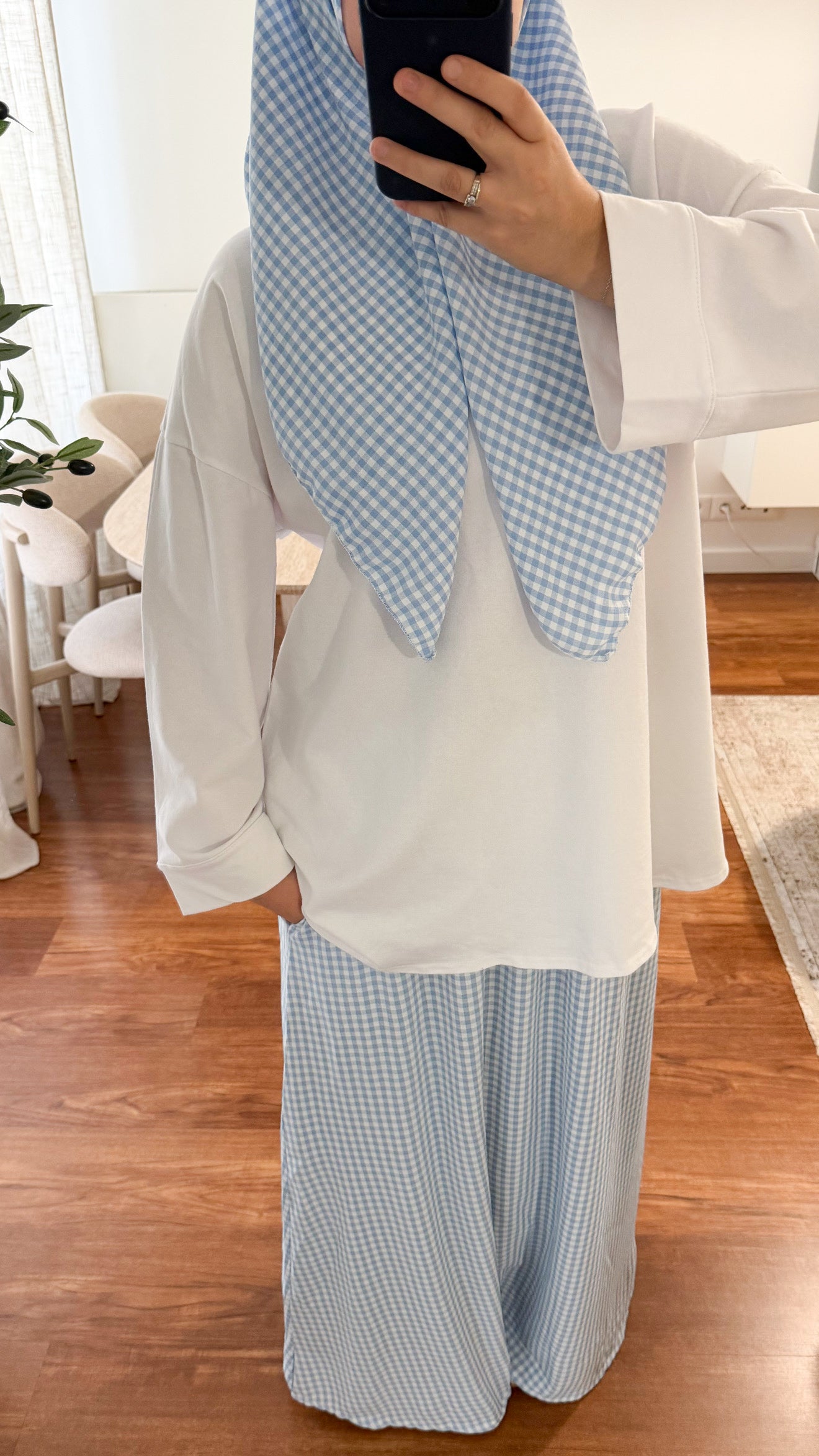 ENSEMBLE CARRÉ DE COTON + JUPE MOTIF CARREAUX BLEU CIEL