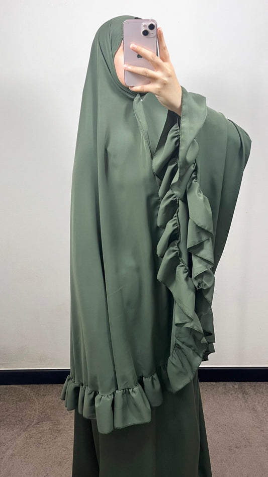 SET DE PRIÈRE FROUFROU EN SOIE DE MEDINE VERT KAKI
