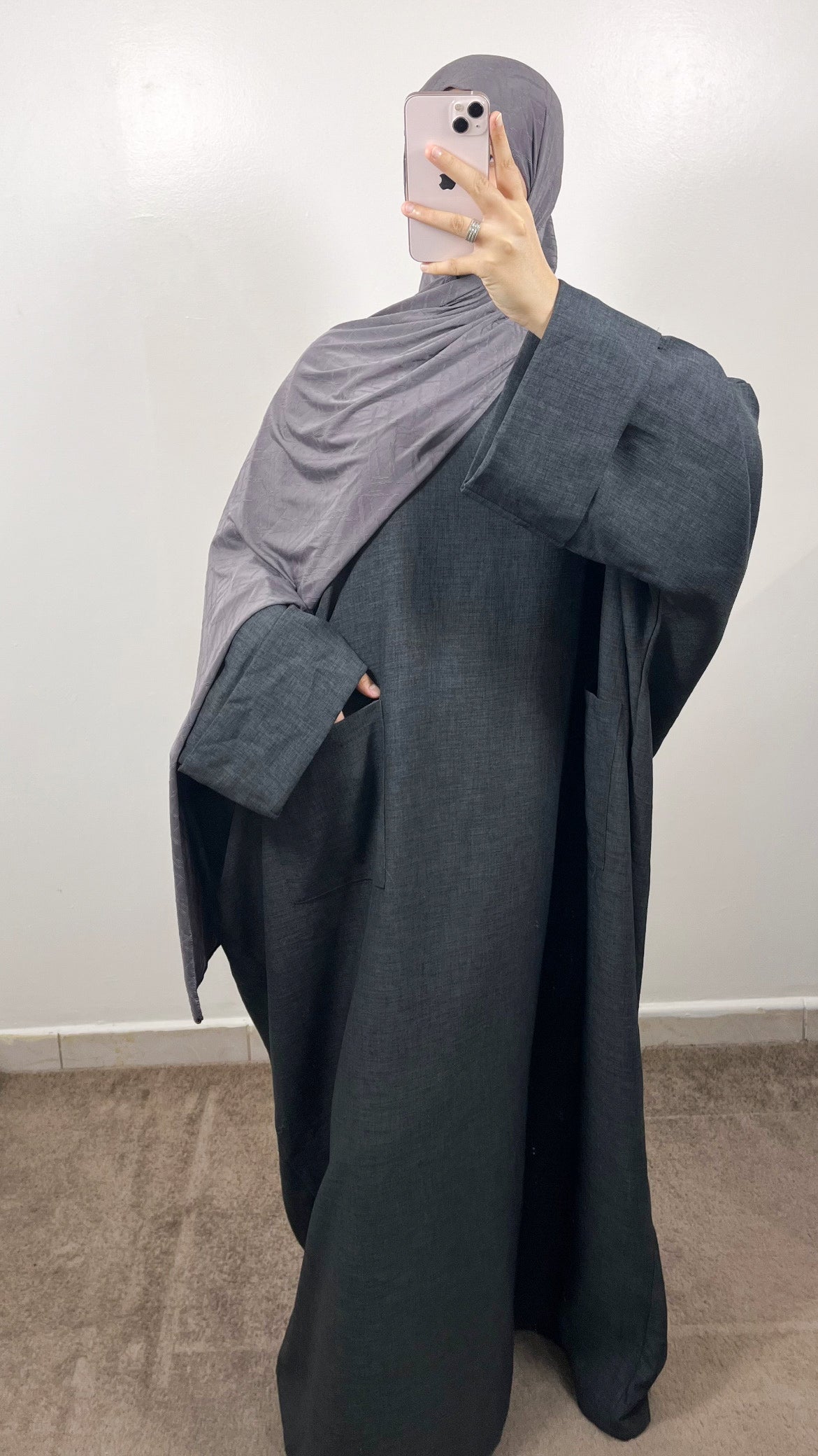 ABAYA POCHES EFFET LIN GRIS ANTHRACITE