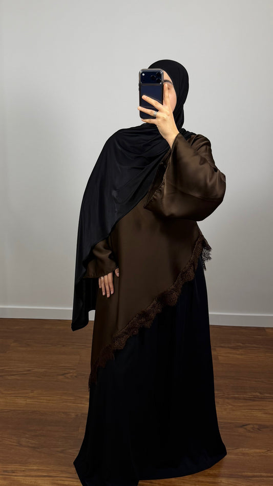 ENSEMBLE TOP DENTELLE MARRON/SOUS ABAYA NOIR