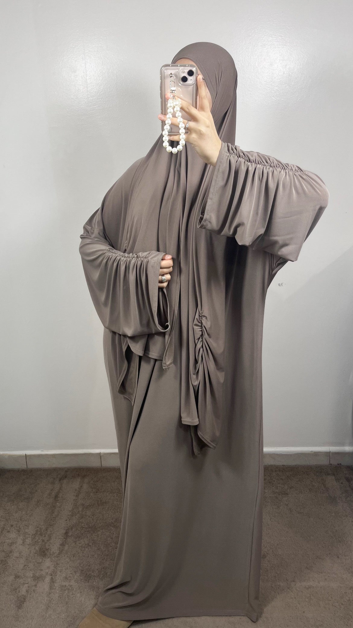 ABAYA + TAUPE HIJAB SET IN PREMIUM JERSEY