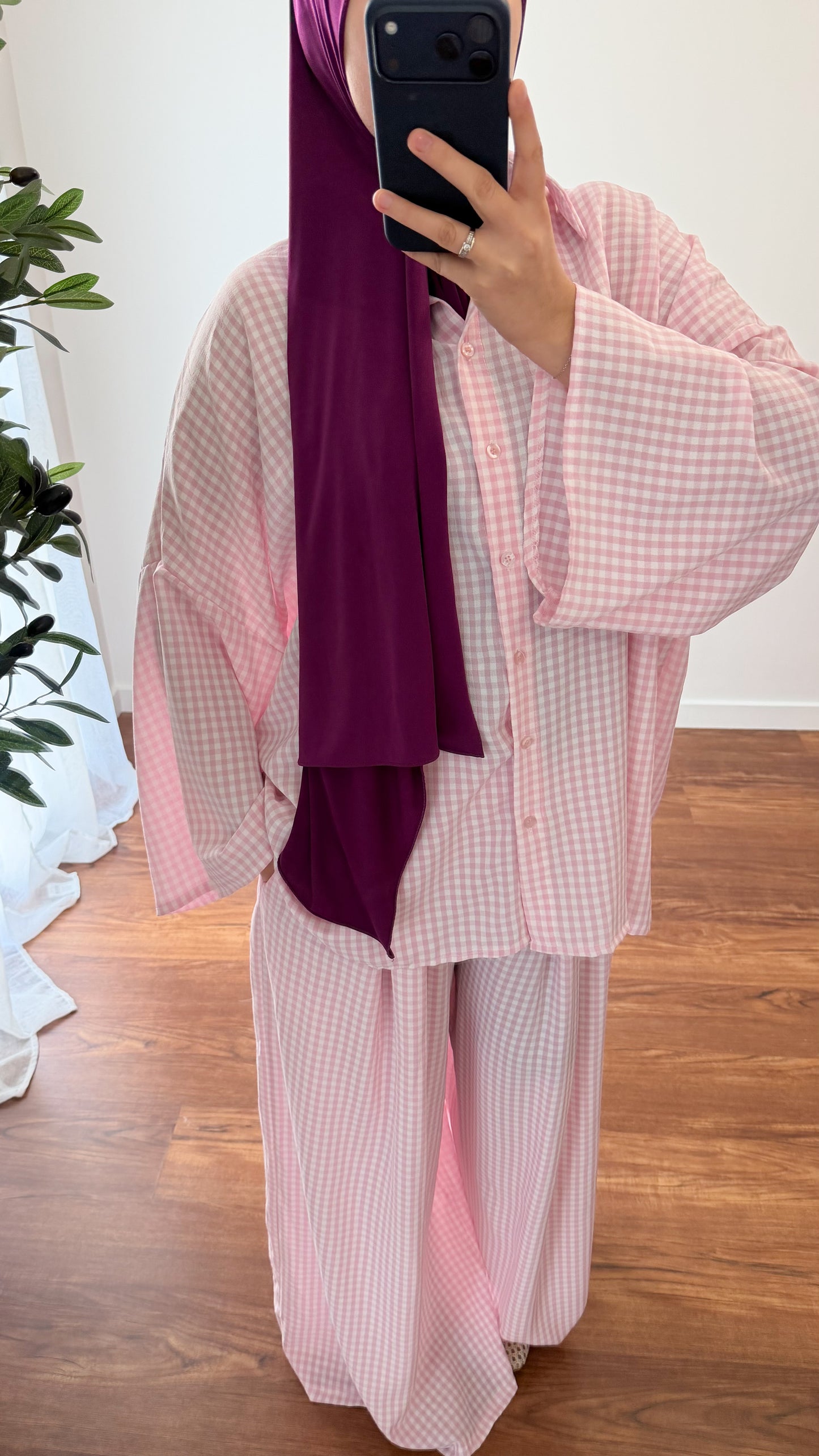 ENSEMBLE VICHY CHEMISE + PANTALON ROSE CLAIR