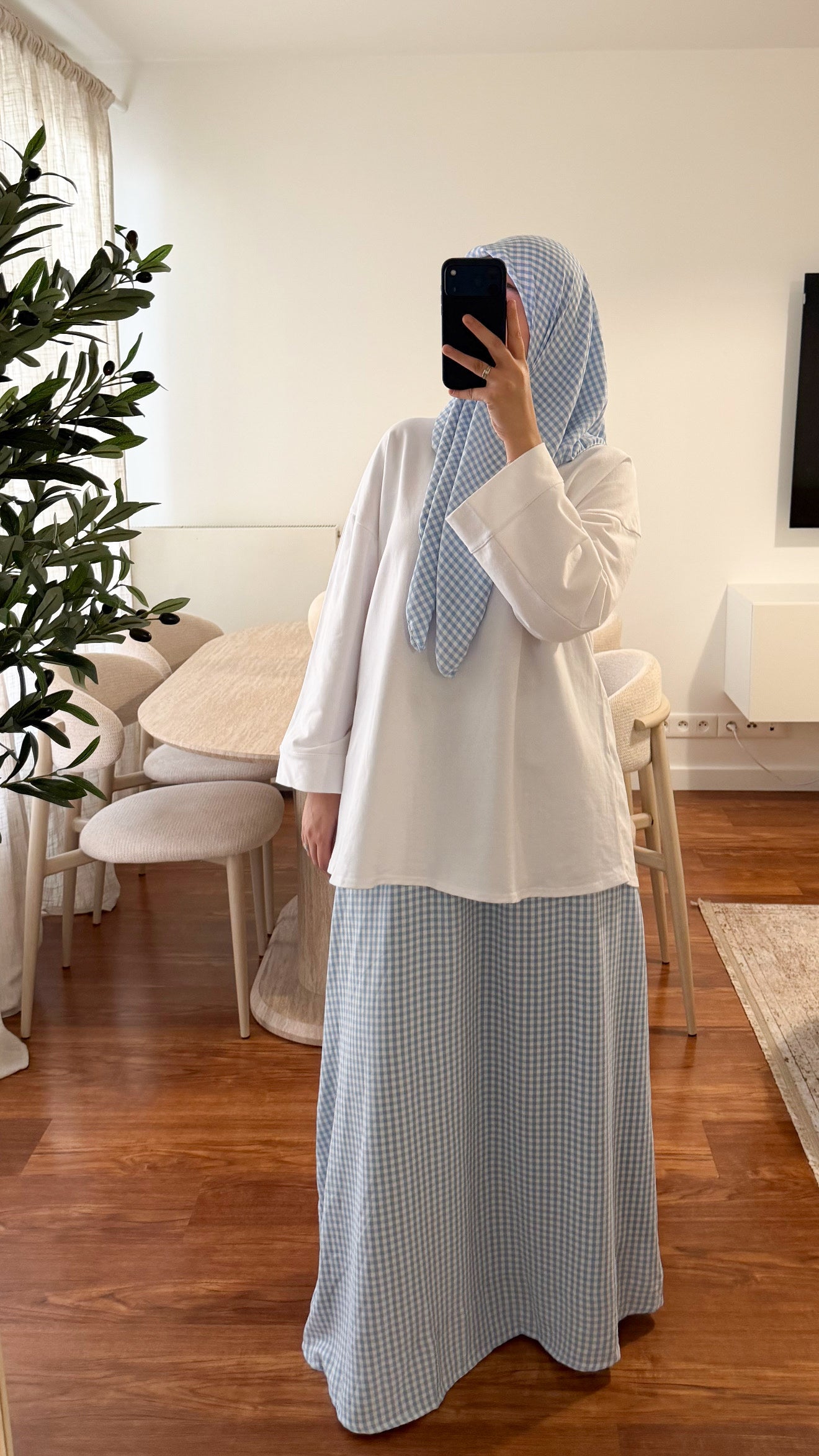 ENSEMBLE CARRÉ DE COTON + JUPE MOTIF CARREAUX BLEU CIEL