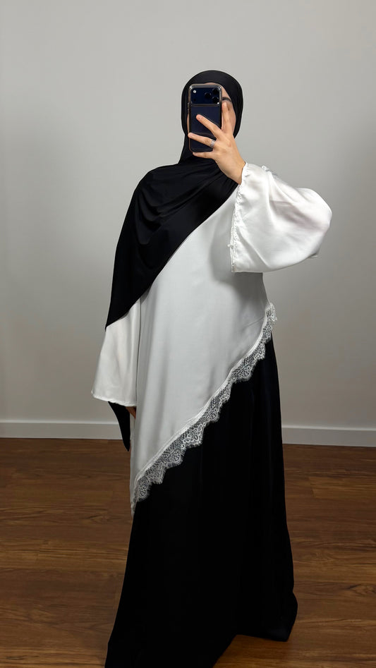ENSEMBLE TOP DENTELLE BLANC/SOUS ABAYA NOIR