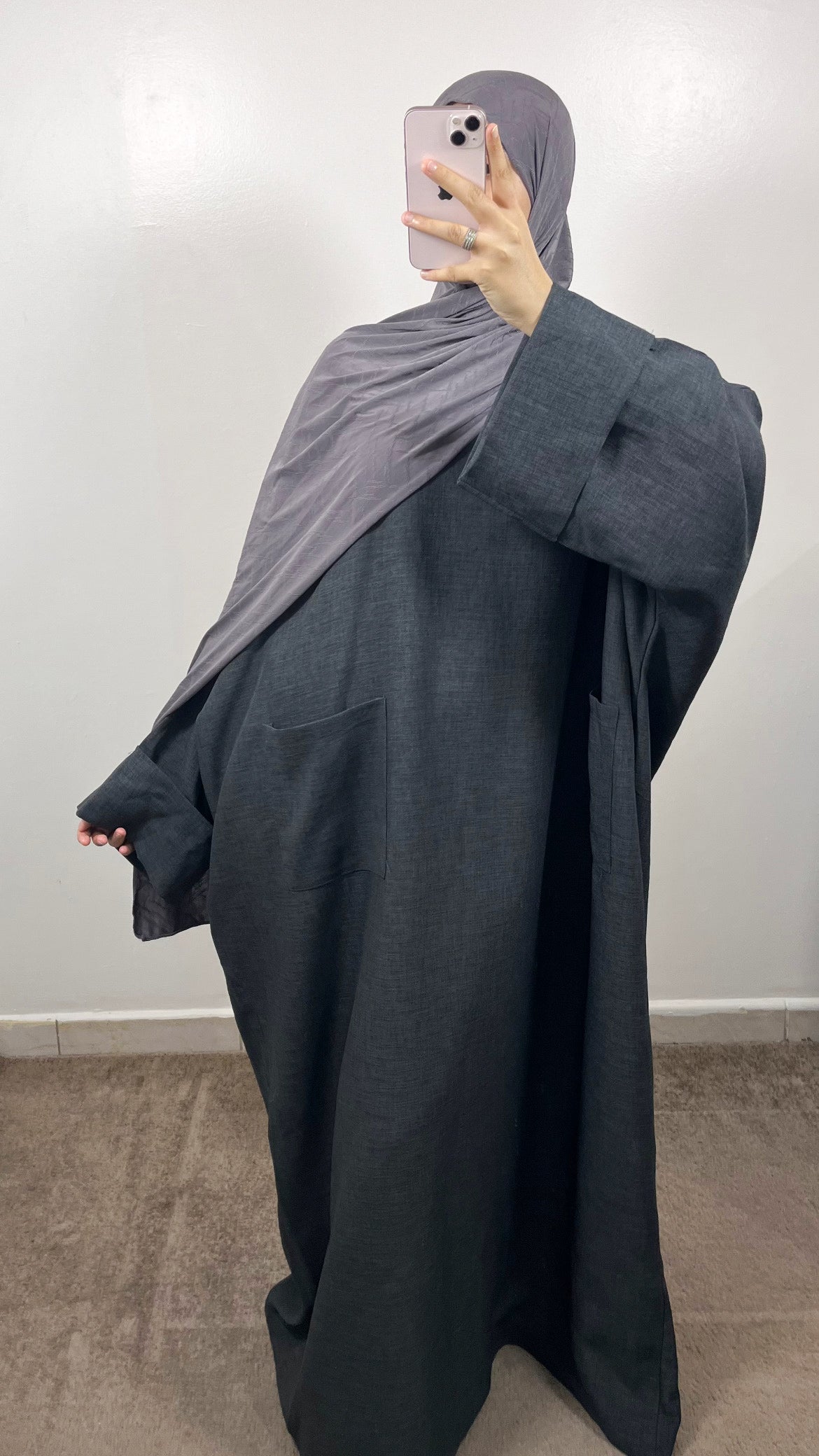 ABAYA POCHES EFFET LIN GRIS ANTHRACITE