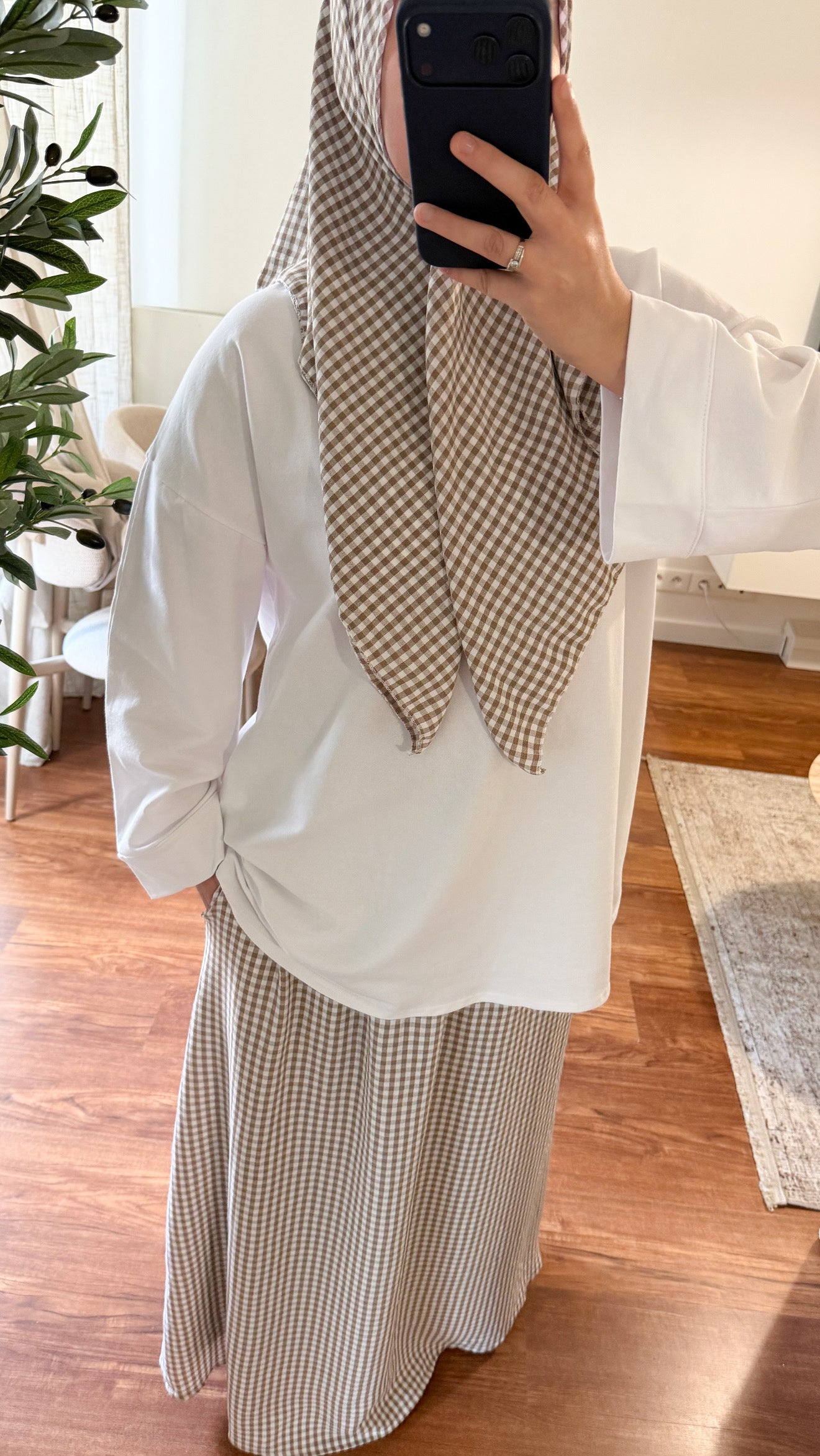 ENSEMBLE CARRÉ DE COTON + JUPE MOTIF CARREAUX TAUPE