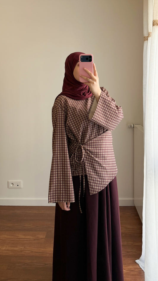 HAUT À NOUER MOTIF CARREAUX BORDEAU