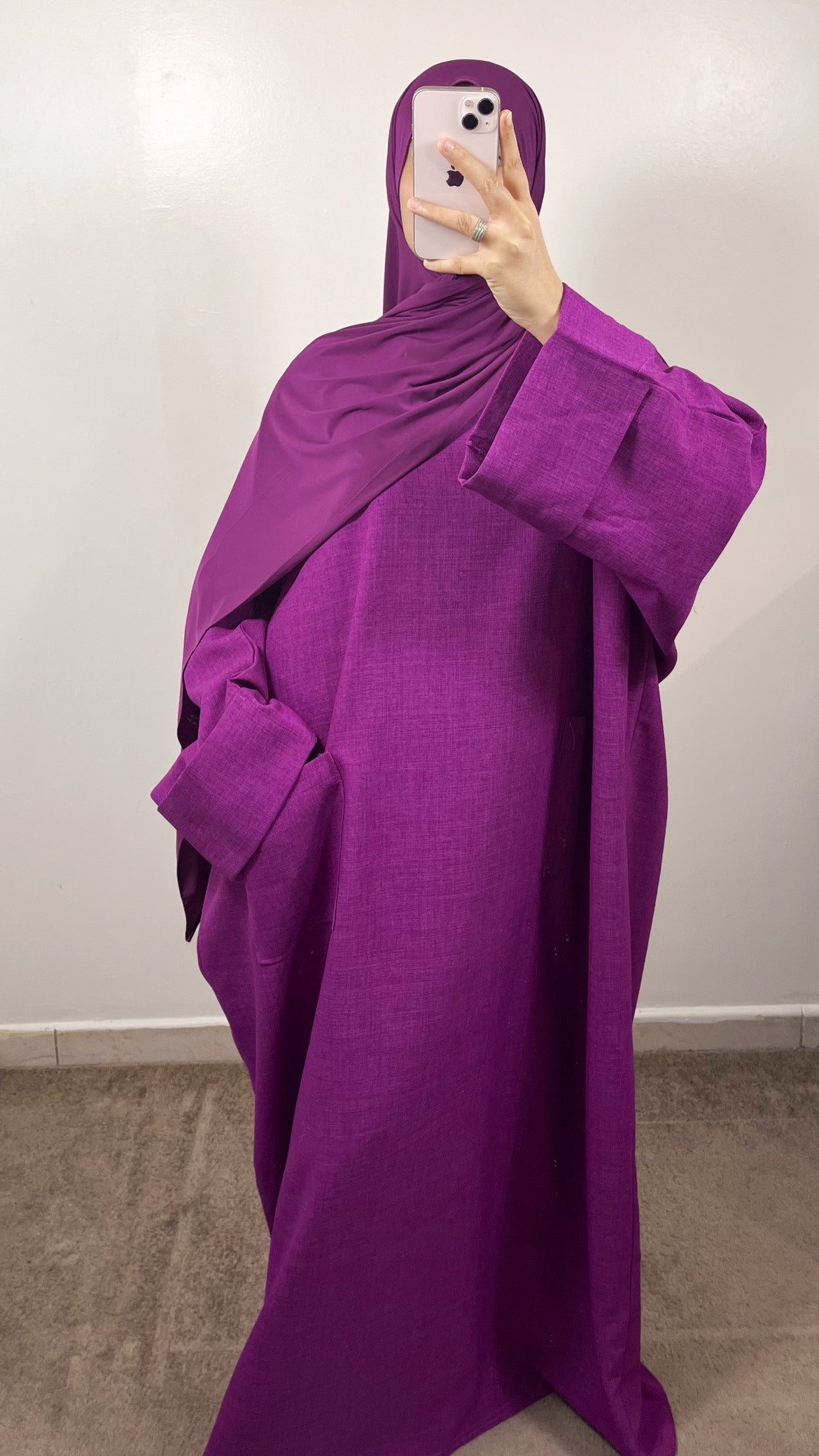 ABAYA POCHES EFFET LIN PRUNE