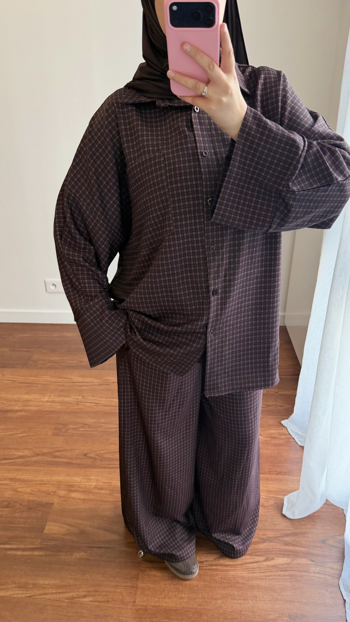 ENSEMBLE CHEMISE + PANTALON MOTIF CARREAUX MARRON