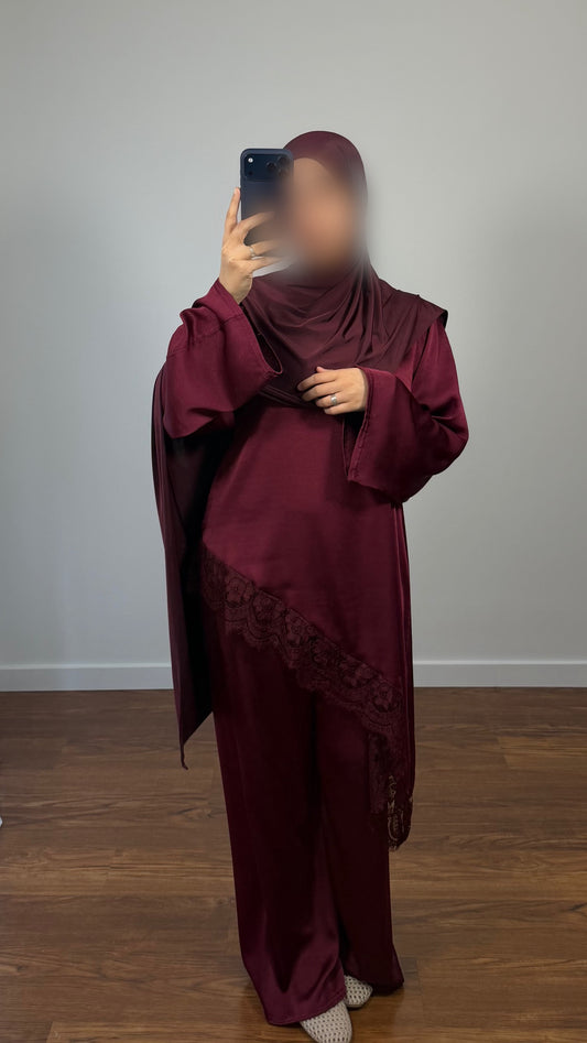 ENSEMBLE HAUT ASYMÉTRIQUE + PANTALON BORDEAU