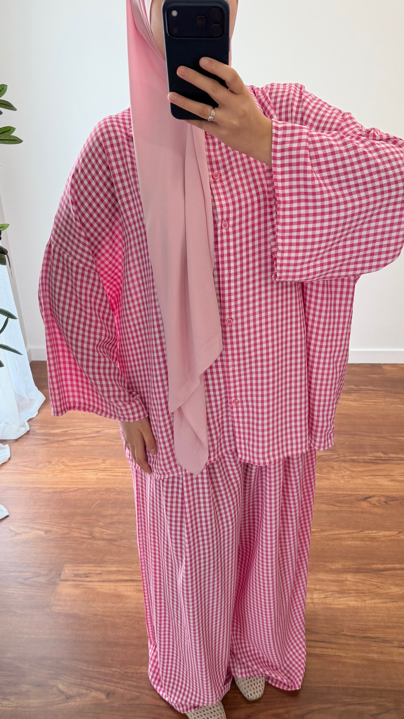 ENSEMBLE VICHY CHEMISE + PANTALON ROSE FUSHIA