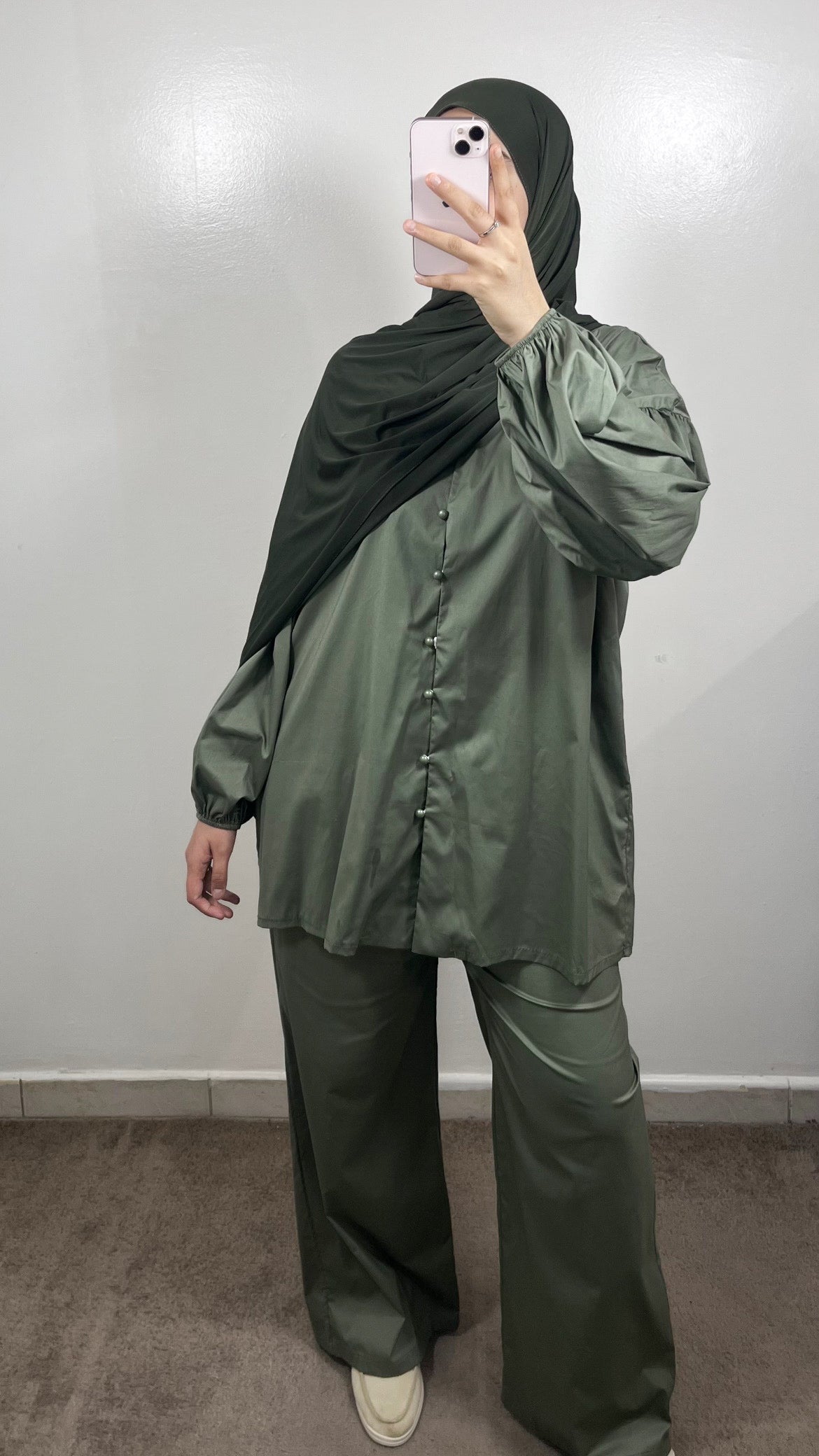 ENSEMBLE CHEMISE + PANTALON POPELINE VERT KAKI FONCÉ