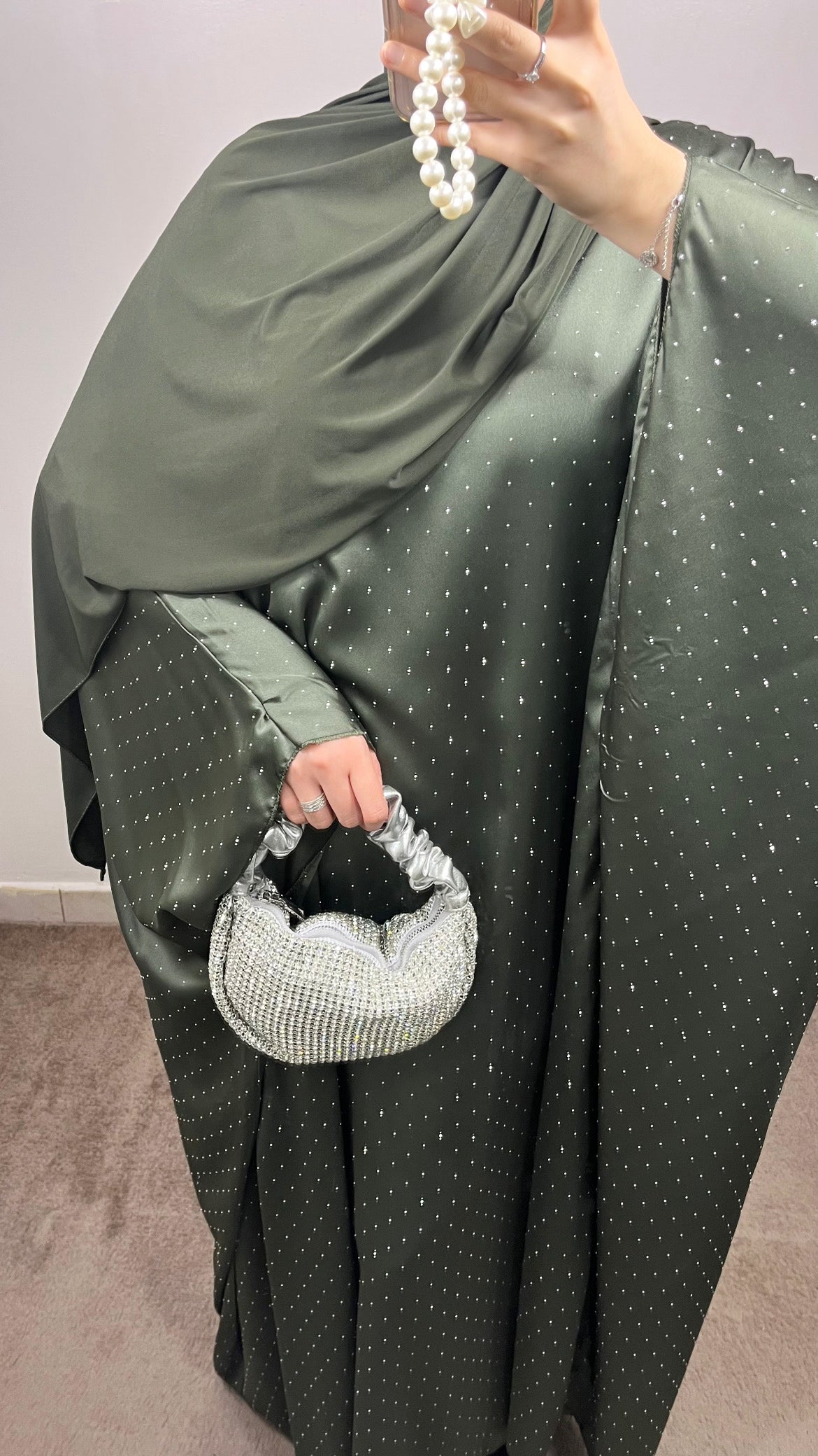 CLASSIC KHAKI GREEN RHINESTONE ABAYA