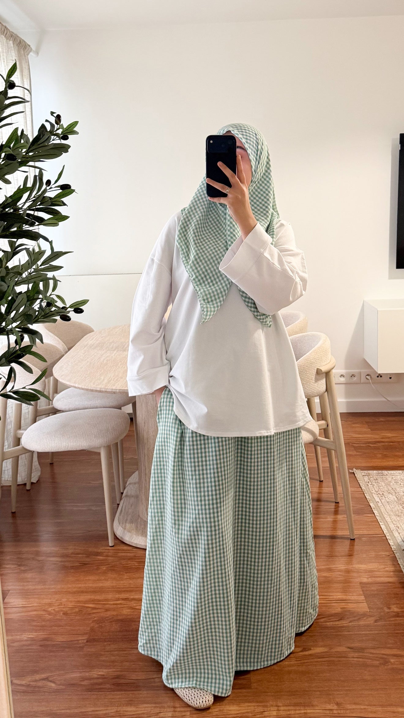 ENSEMBLE CARRÉ DE COTON + JUPE MOTIF CARREAUX VERT