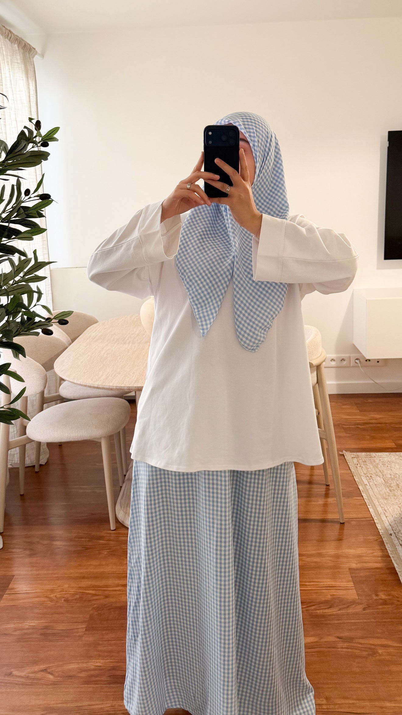 ENSEMBLE CARRÉ DE COTON + JUPE MOTIF CARREAUX BLEU CIEL