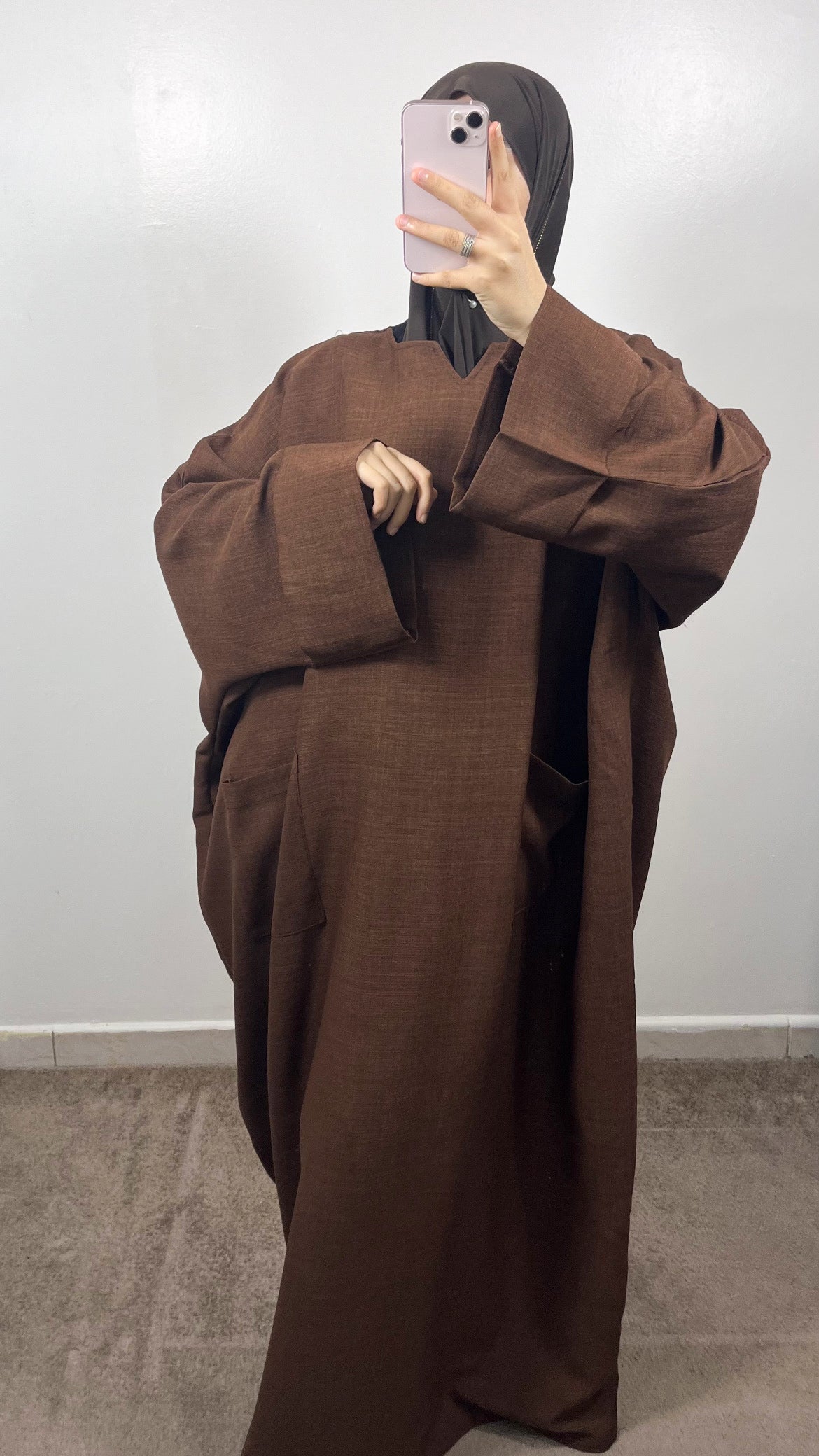 ABAYA POCHES EFFET LIN MARRON