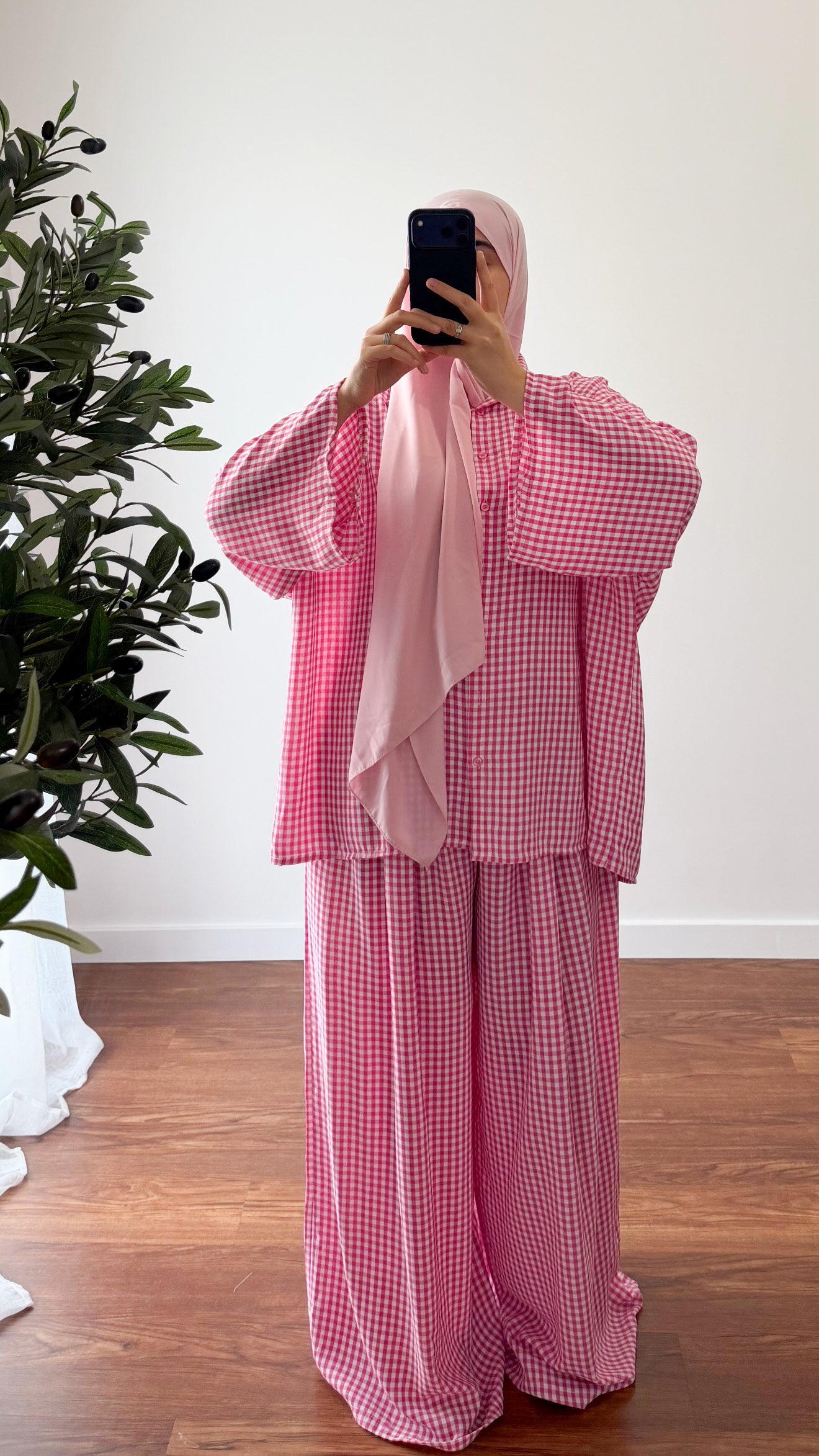 ENSEMBLE VICHY CHEMISE + PANTALON ROSE FUSHIA
