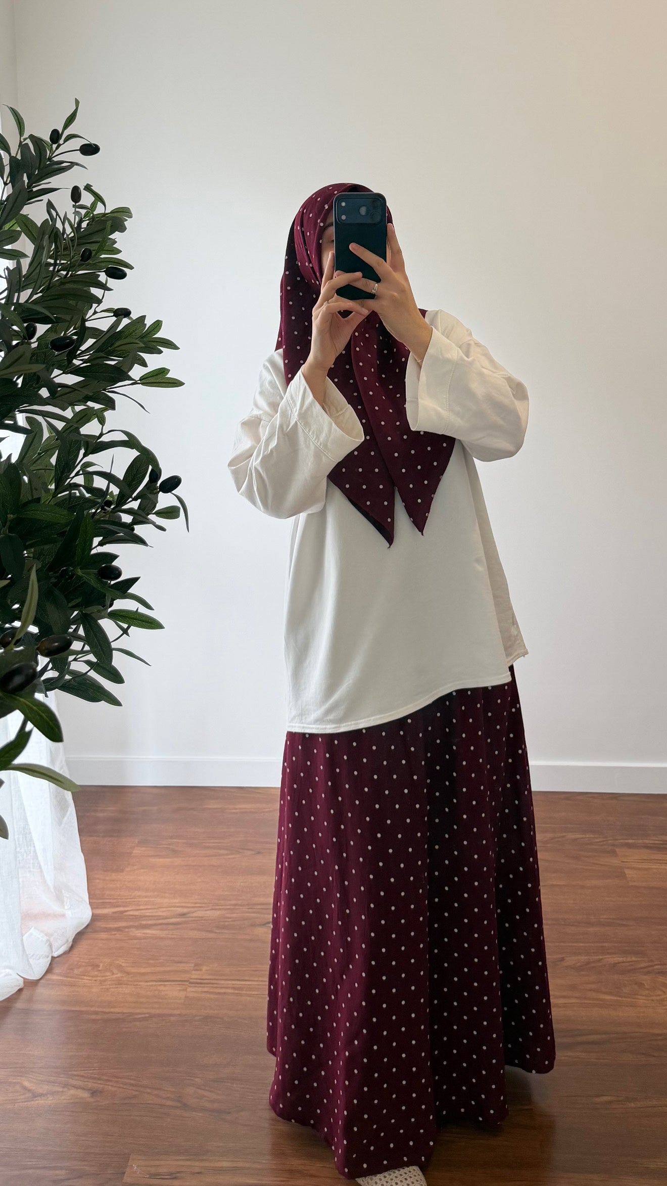 ENSEMBLE CARRÉ DE COTON + JUPE À POIS BORDEAU