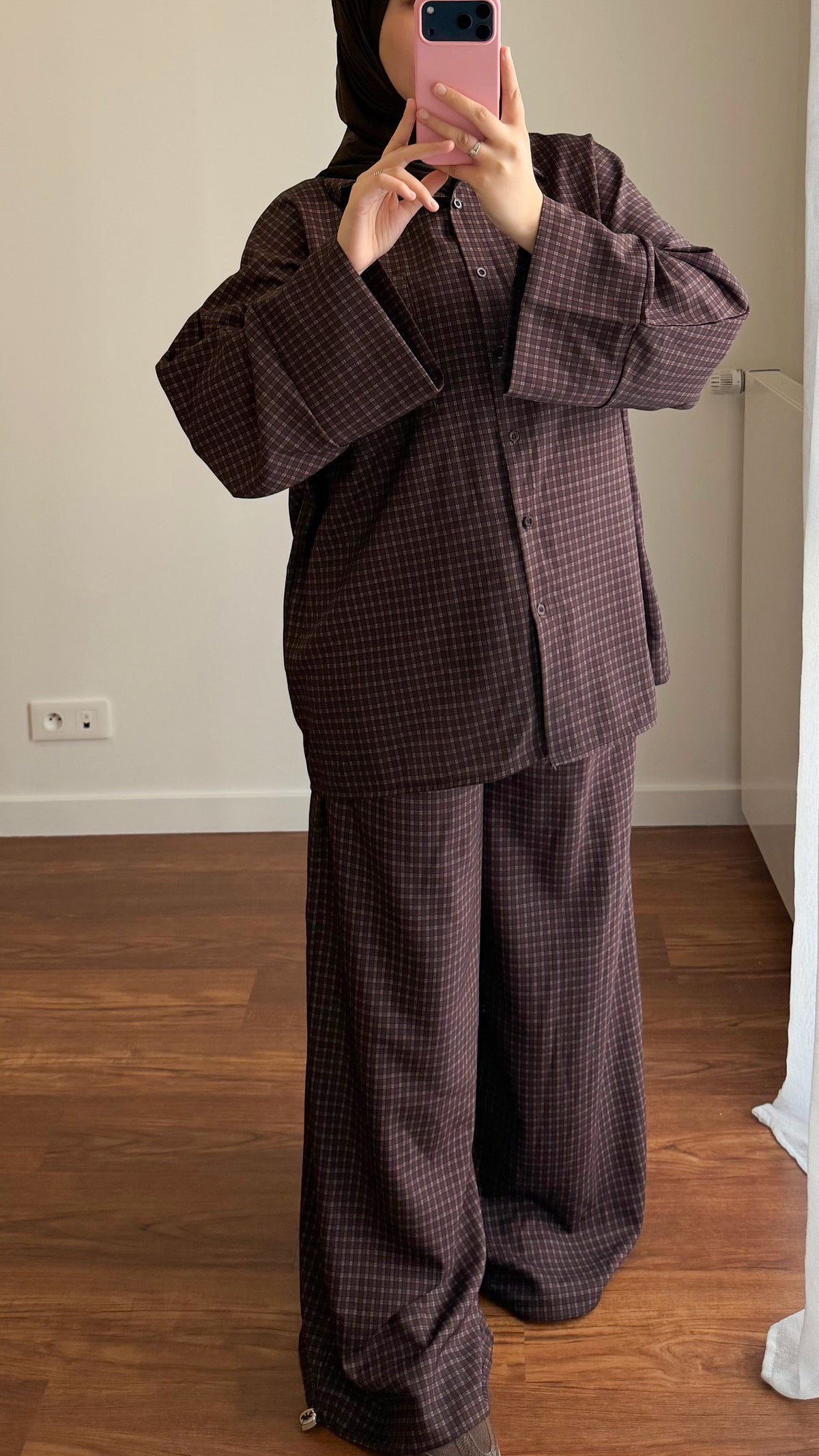 ENSEMBLE CHEMISE + PANTALON MOTIF CARREAUX MARRON