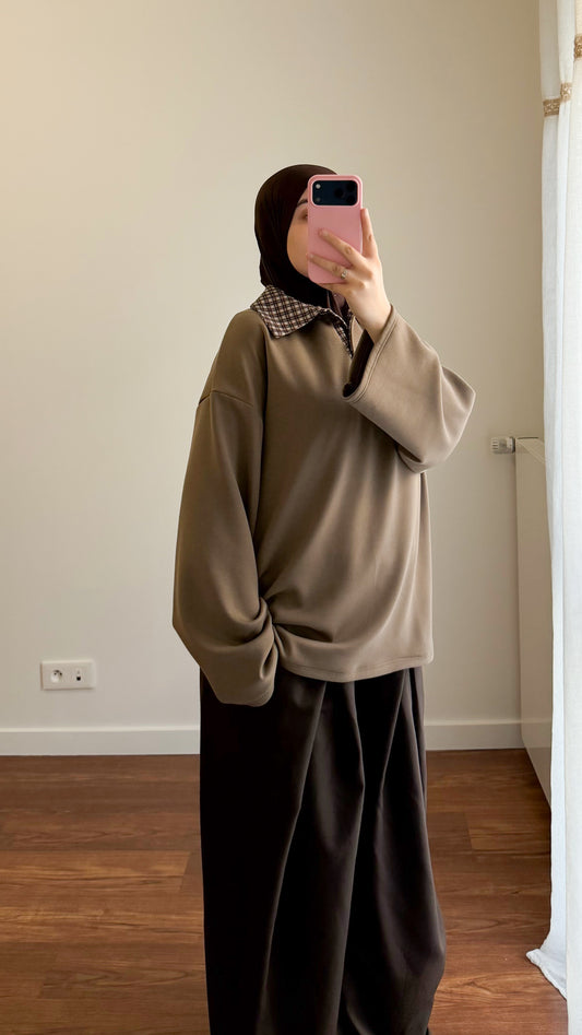 POLO ÉPAIS UNI COL CARREAUX TAUPE