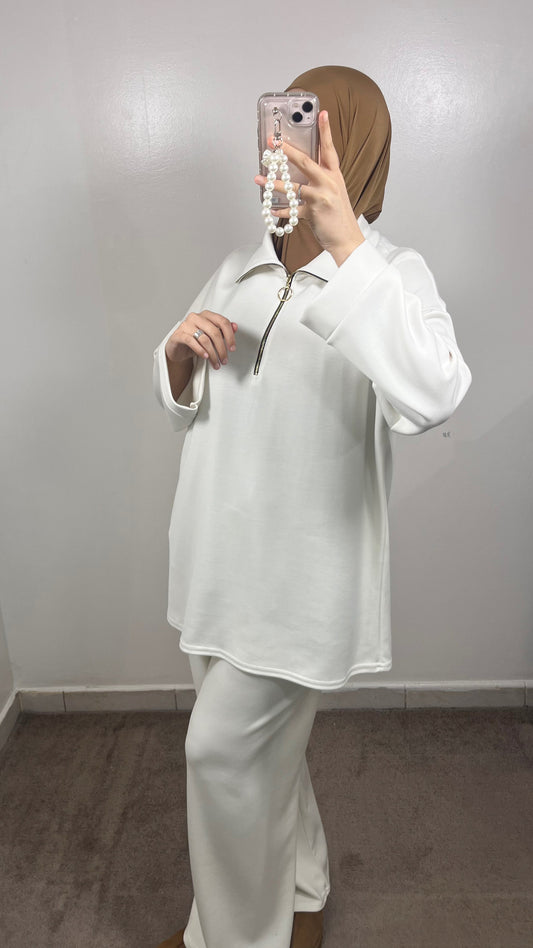 COSY WHITE ZIP NECK SET